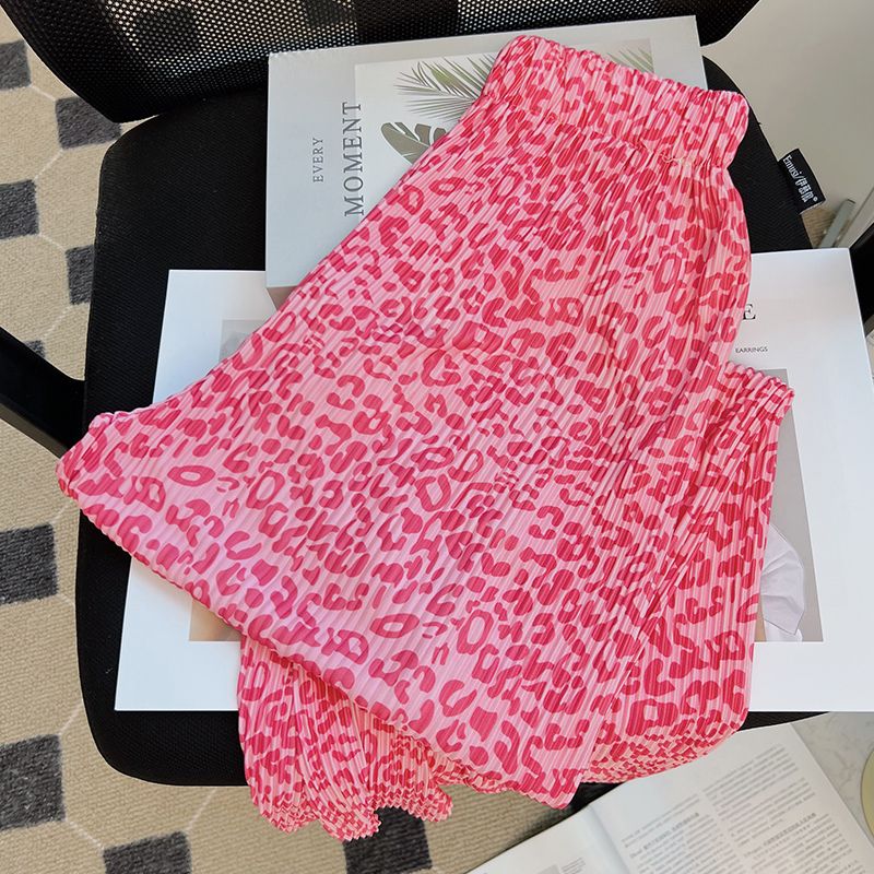 Pink Leopard Print Design Wide-Leg Pants Women's Pleated Style Versatile Casual Pants Loose High Waist Slimming Straight Pants