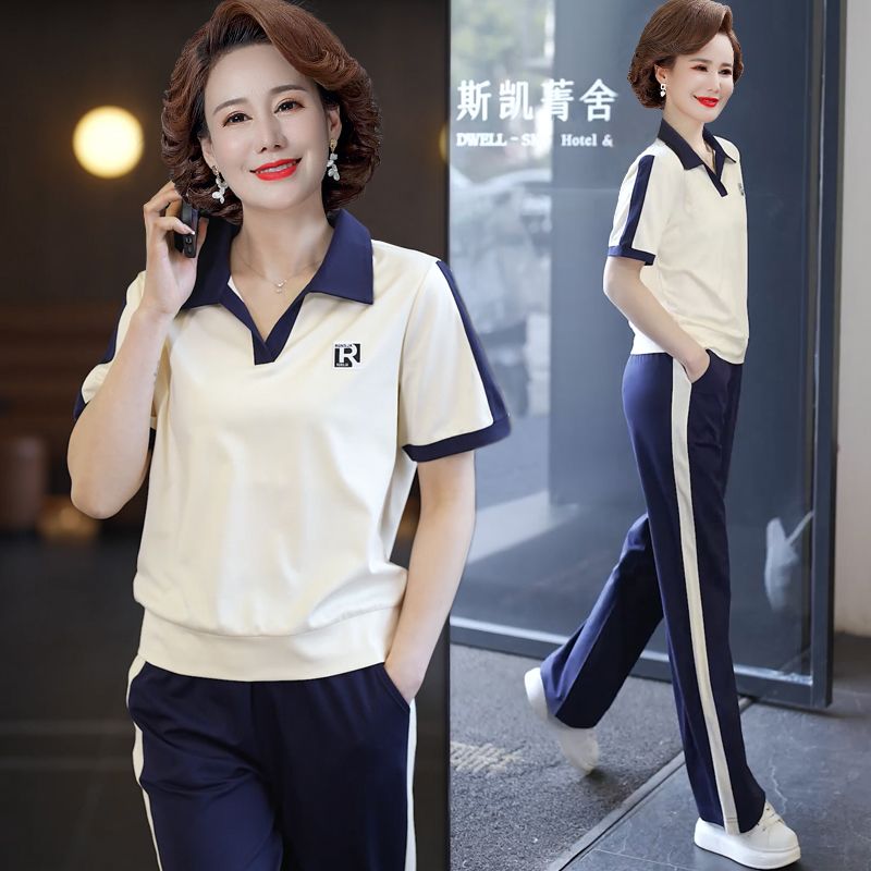 High-End Mom Summer Wear Western Style New Sports Suit Middle-Aged and Elderly Women Temperament Short-Sleeved Shirt Casual Two-Piece Suit
