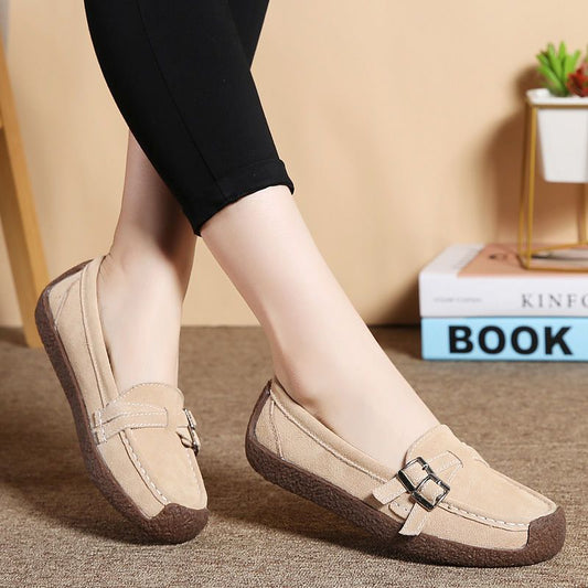 Genuine Leather Non-Slip Gommino Women's Spring and Autumn Low-Top Shoes Casual Flat Shoes round Toe Casual Shoes Large Size Mom Shoes