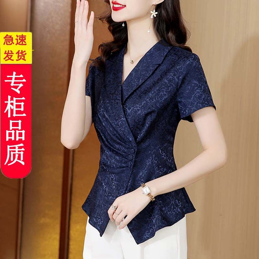 2023 Summer New Short Sleeve Elegant Professional Satin Shirt Women's Slim Fit Slimming Suit Collar Western Style Youthful-Looking Shirt