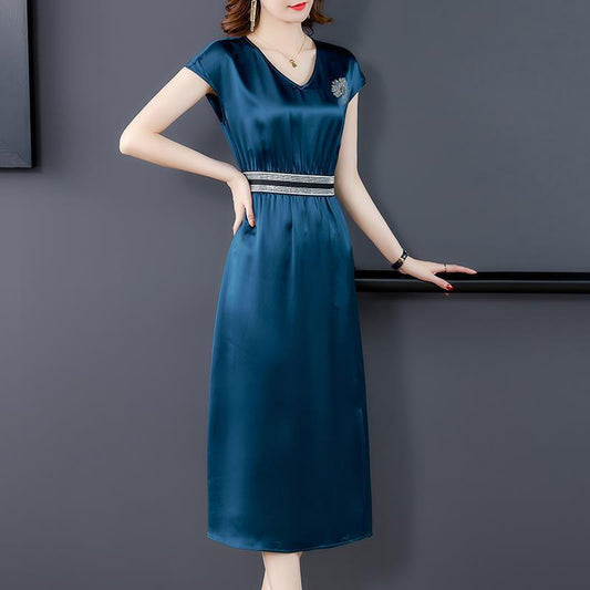 Acetate Satin V-neck Youthful-Looking Dress Women's Clothing Summer 2023 New Elegant Slim Mid-Length Overknee Skirt