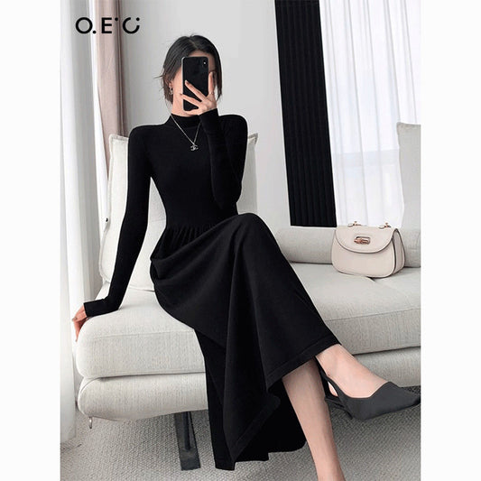 Oec Half Turtleneck Black Dress Autumn and Winter Thickened Slim-Fit Slimming Bottoming Skirt College Style Elegant All-Match Skirt