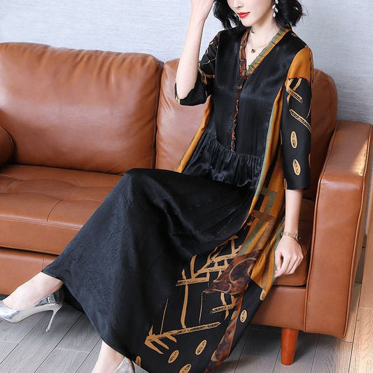 Hangzhou Heavy Silk Dress Women's V-neck High-End Xiangyun Yarn Mother Temperament Long A- line Dress Special Clearance