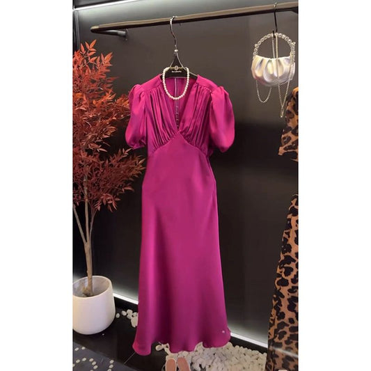 French Style Rose Red Puff Sleeve V-neck Dress for Women 2024 Summer High Sense Lightly Mature Temperament Waist-Controlled A- line Dress