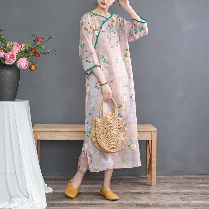 23 Retro Chinese Button Knots Twill Loose Cheongsam Improved Hanfu Summer Cropped Sleeves Ramie Printed Dress for Women