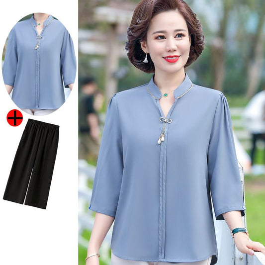 Mom Spring Clothing Suit 2021 New Western-Style Bottoming Shirt Noble Middle-Aged and Elderly Women's Spring and Summer Three-Quarter Sleeve Top