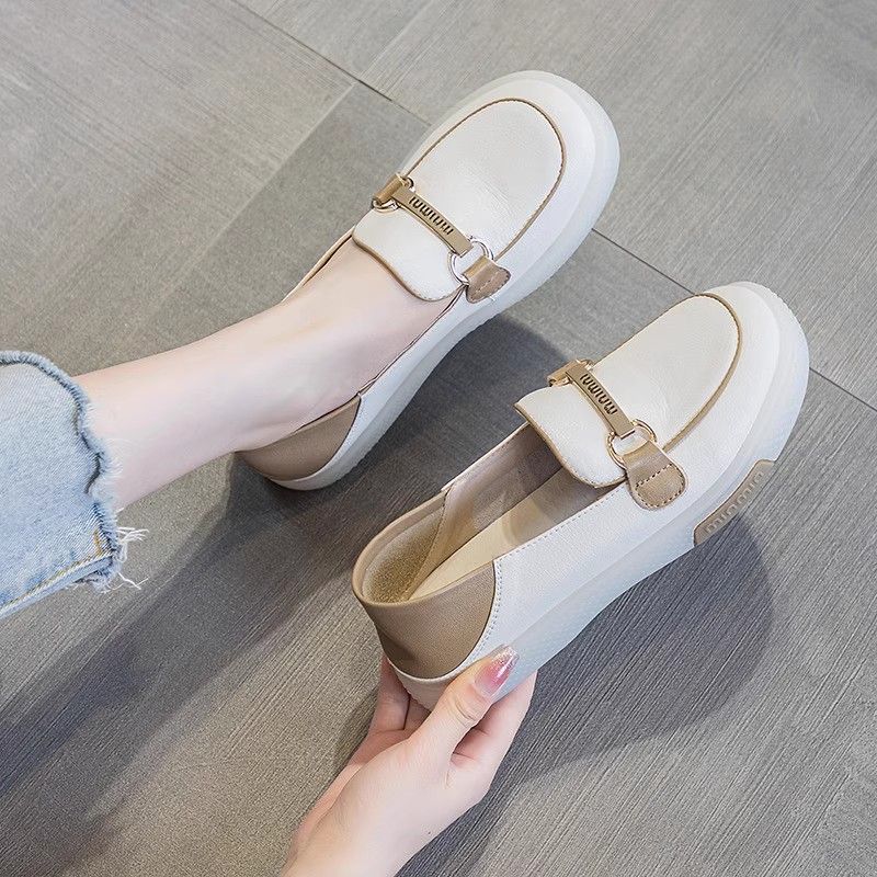 Authentic Leather Loafers Women's Slip-on Soft Bottom Oxford Shoes 2023 Spring and Summer New Casual Two-Way Pregnant Women's White Shoes