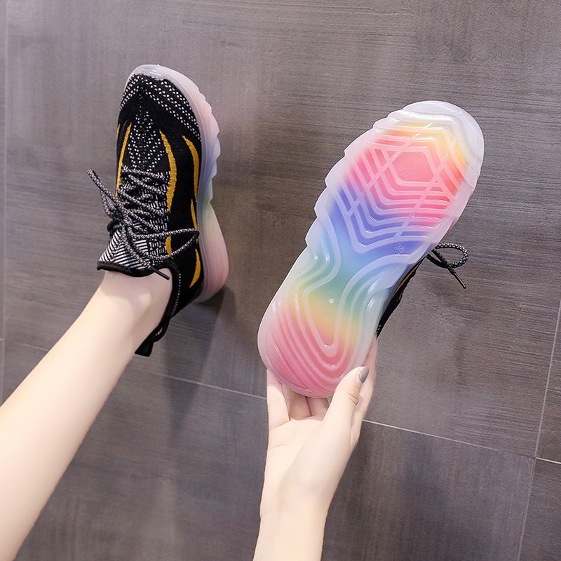 Soft Bottom Black Sneakers Women's Spring and Summer Running Driving Student Youth Jelly Rainbow Flat Single Lining Coconut Shoes