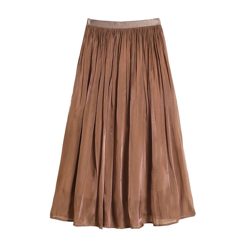 Gilding Yarn 2023 Spring and Summer New Pearl Skirt Women's High Waist Slimming Thin Drape Pleated Puffy Long Skirt