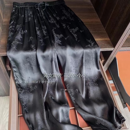 Extra Large Size 150.00kg Ice Silk Satin Wide-Leg Pants Women's Summer 2023 New Sunscreen Summer Pants National Style Women's Clothing