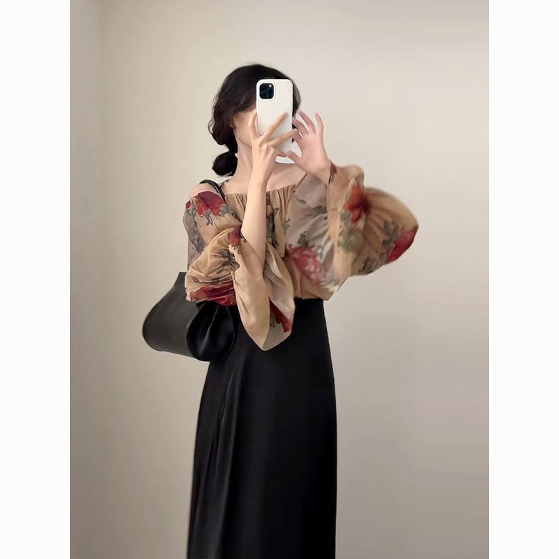 New Chinese Style off-Shoulder Printed Chiffon Blouse Retro Anti-Aging Loose Slimming Chic Bell Sleeve Top