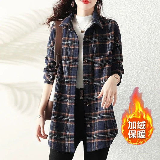 Fleece-Lined Thickened Brushed Plaid Shirt Women's Long-Sleeved Korean-Style Loose Retro Top Mid-Length Spring and Autumn Overcoat