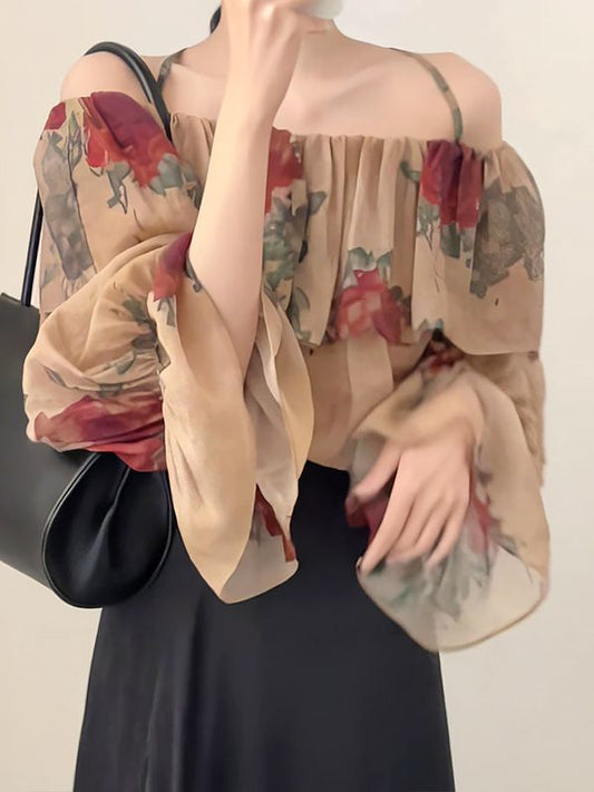 New Chinese Style off-Shoulder Printed Chiffon Blouse Retro Anti-Aging Loose Slimming Chic Bell Sleeve Top