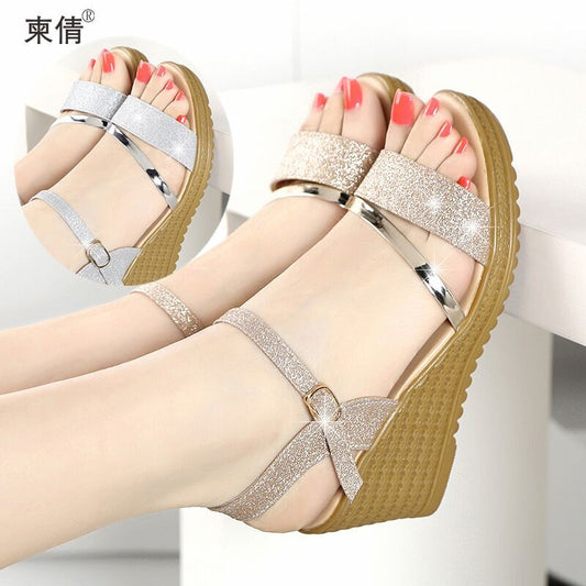 Internet Hot Sandals Women's Mid-High Heel Summer New Platform Wedge Fashionable All-Match Ankle-Strap Buckle Height Increasing Women's Sandals