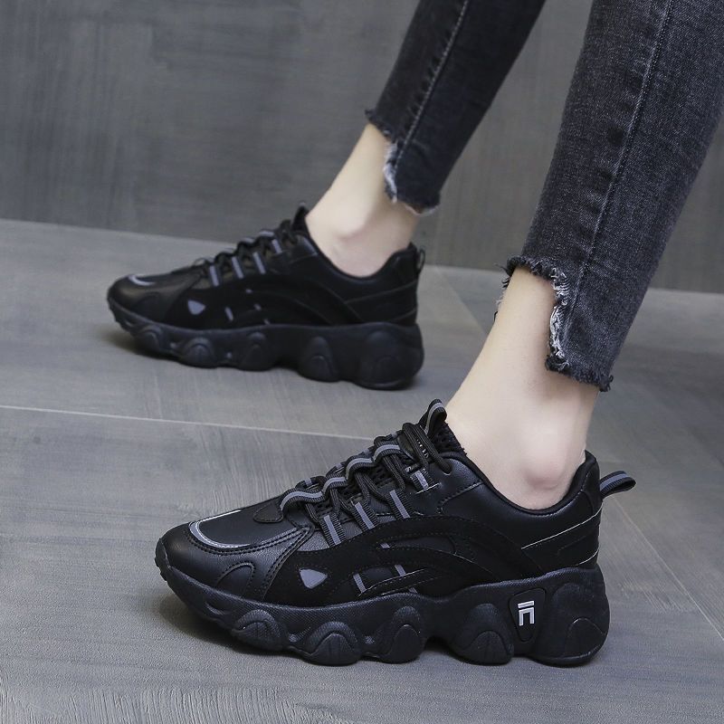 Kitchen Shoes Women's Waterproof Oil-Proof Leather Sports Clunky Sneakers All Black Work Shoes Restaurant Non-Slip Shoes
