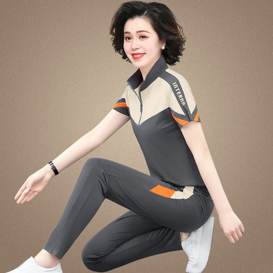 Middle-Aged Mom Summer Clothes Western Style Leisure Sportswear Suit Female Middle-Aged and Elderly Summer Short-Sleeved T-shirt Thin Two-Piece Suit