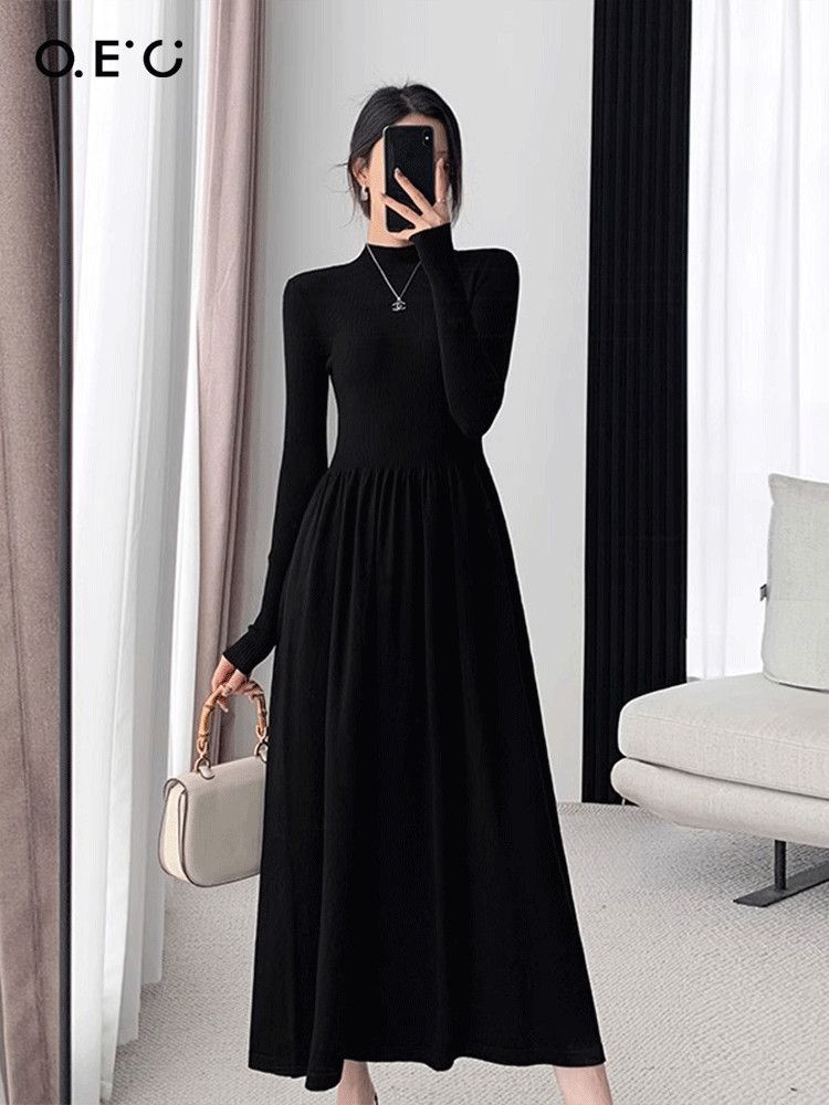 Oec Half Turtleneck Black Dress Autumn and Winter Thickened Slim-Fit Slimming Bottoming Skirt College Style Elegant All-Match Skirt