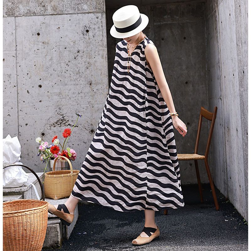 High-End Cotton and Linen Dress Women's Summer Sleeveless Vest Dress Korean Style plus Size Loose-Fitting Slim-Fit Long Dress Travel Vacation Dress