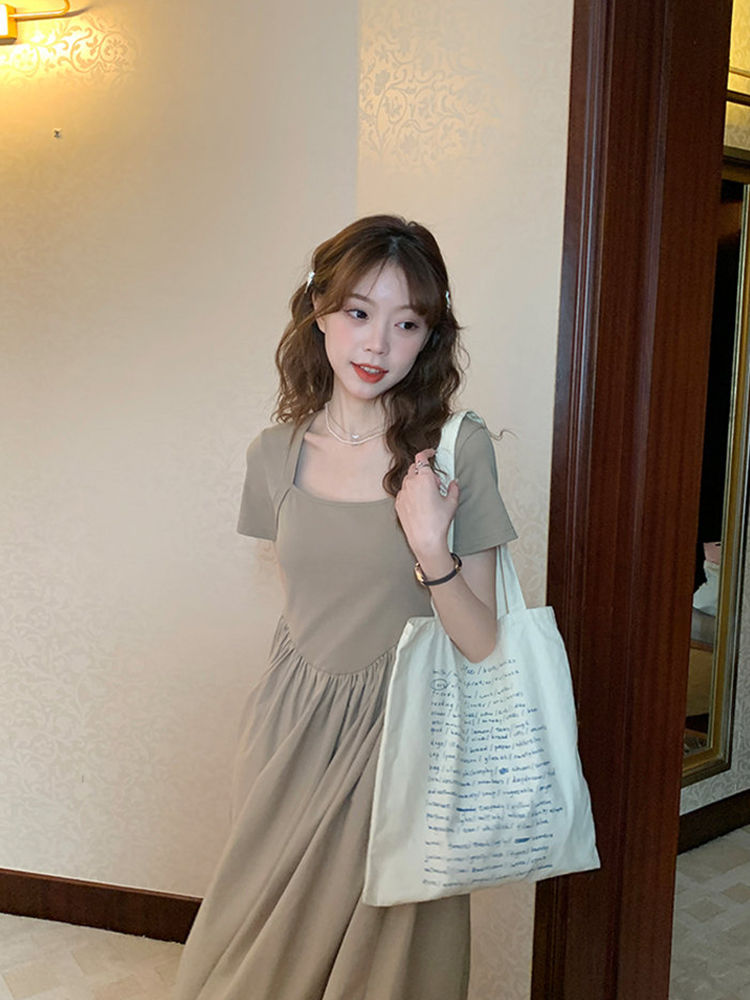 Đơn Giản Vuông Cổ Áo Cao Eo Thanh Lịch Ăn Mặc 2023 Mùa Xuân Và Mùa Hè Mới Hàn Quốc Chic Tea Dress Cho Phụ Nữ