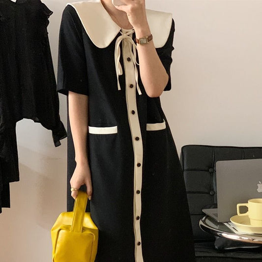 Extra Large Size 150.00kg Plump Girls Peter Pan Collar Short Sleeve Black Dress Women's Summer Mid-Length Slimming French A- line Dress