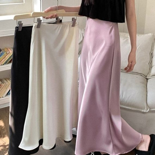 New Solid Color Temperament Wild High Waist Satin Skirt Women's Pendant Long Slimming Acetate A- line Fishtail Skirt