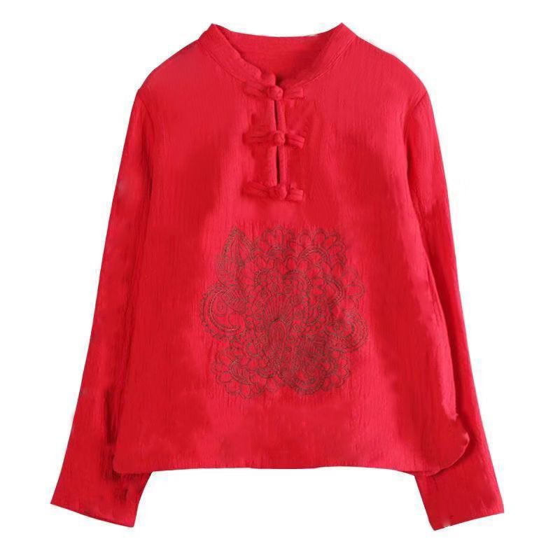 Ethnic Embroidery 100% Cotton Coat Women's Spring Clothes New Long Sleeve Shirt Chinese Style Retro Buckle Zen Tea Gown