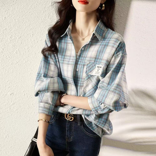 Brushed Plaid Shirt Women's Spring and Autumn New Fashion Casual Versatile Loose Mid-Length Long Sleeve Shirt Coat