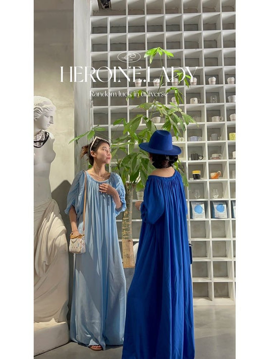 [Colorful Ideal in the World] Hl Cotton Silk off-Neck round Neck Pleated Short Sleeve Belt Long Dress