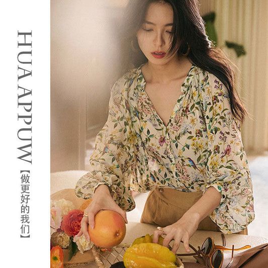 Women's Canvas Long-Sleeved V-neck Slimming Printed Chiffon Shirt 2024 Spring and Summer New Loose All-Matching Youthful-Looking Top