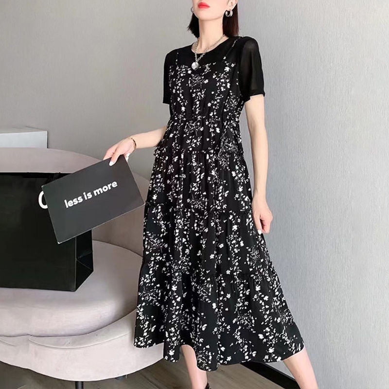 Summer 2023 Loose New round Neck Thin Slim Fit Waist Fake Two-Piece Dress Covering Belly Thin Floral Skirt