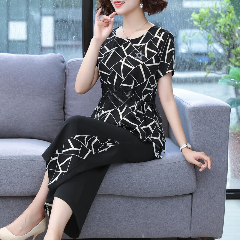 Middle-Aged Mom Summer Clothes Women's Chiffon Shirt Short-Sleeved Two-Piece Suit Middle-Aged and Elderly Wide-Leg Pants Fashion Suit plus Size