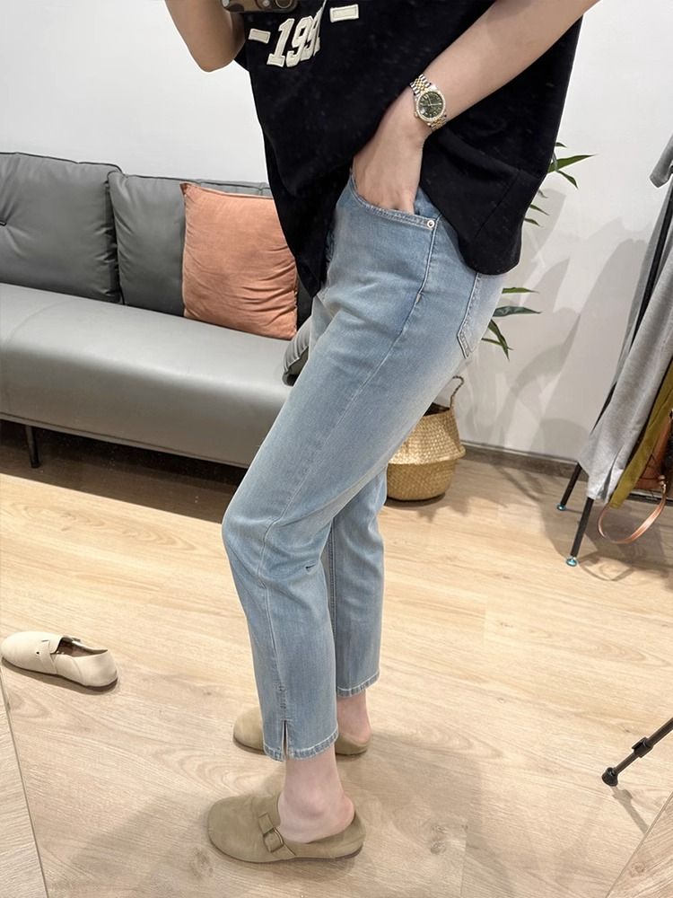 Ice Silk Stretch Jeans Women's Cropped Summer Weight-Catcher plus Size High Waist Slimming Cropped Pants Pear Shapes Small