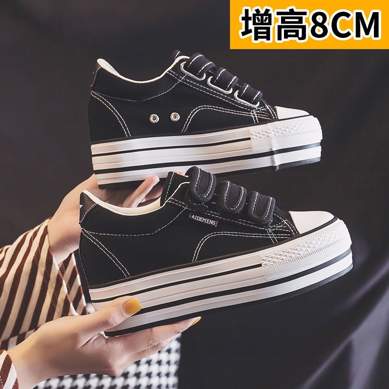 Height Increasing Insole 8cm Canvas Shoes Women's Shoes 2024 Spring New Thick Bottom Velcro Korean Style Lazy Student Board Shoes