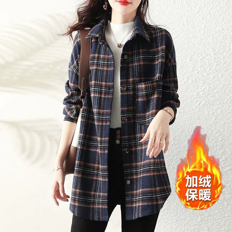 Fleece-Lined Brushed Plaid Shirt Women's Long-Sleeved Korean-Style Loose Fashion Versatile Retro Top Mid-Length Spring and Autumn Coat
