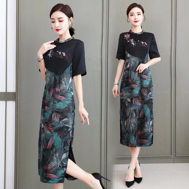 [Clearance] Young Mother Short Sleeve Mid-Length Skirt Middle-Aged Cheongsam Modified A- line Dress Embroidered Dress
