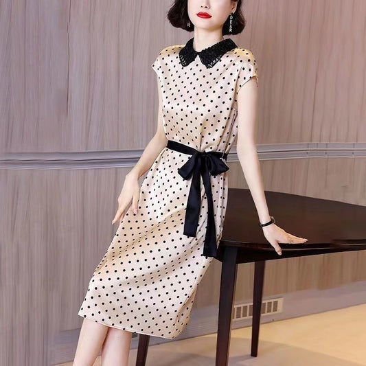 Doll Collar Beaded Dress Women's Summer New Mid-Length Lace up Slim Fit Acetate Satin Polka Dot French Dress