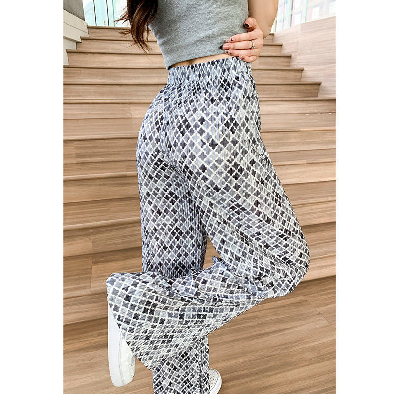 Pink Floral Wide-Leg Pants Women's New Pleated Casual Pants High Waist Slimming and Straight Draping Mopping Pants Tide