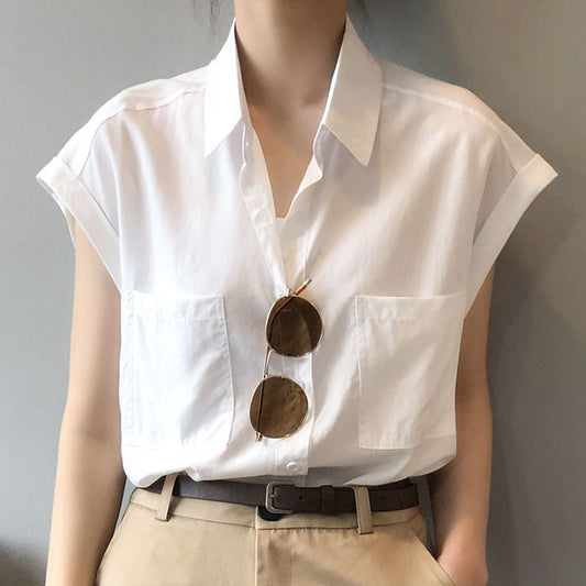 White Shirt Women's Summer Short Sleeve Design Sense Niche Young Thin Loose Retro Hong Kong Style Sleeveless French Top
