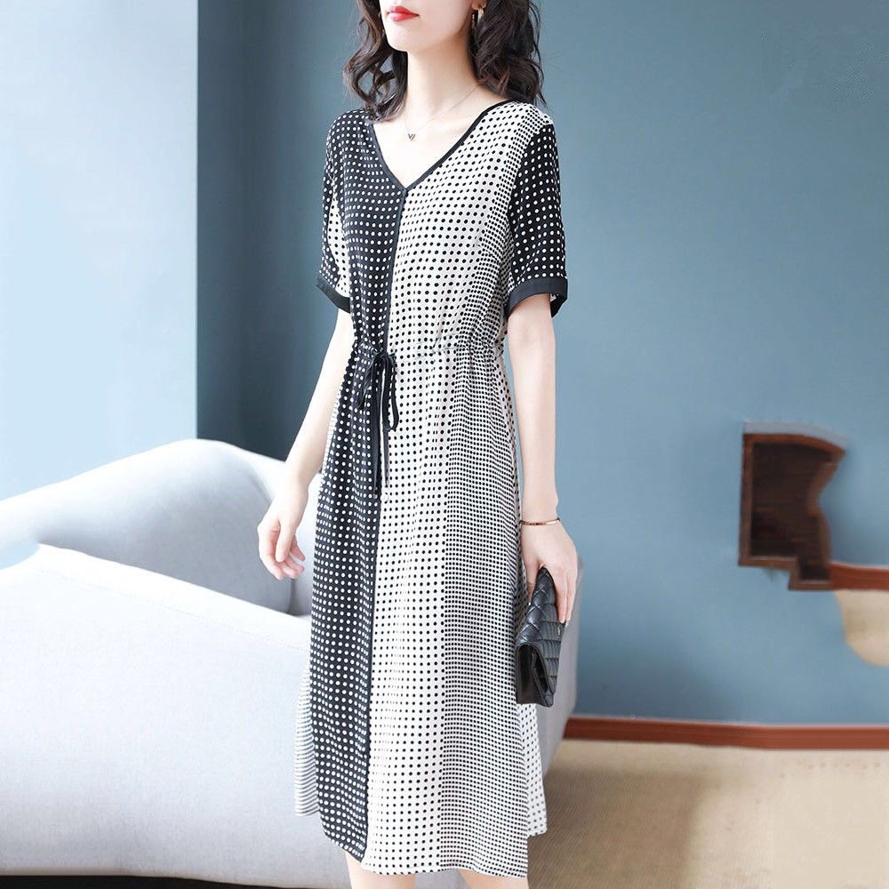 Short Sleeve Mid-Length Artificial Silk Dress 2021 Summer New Waist Slimming Zhixun Dress French A- line Skirt