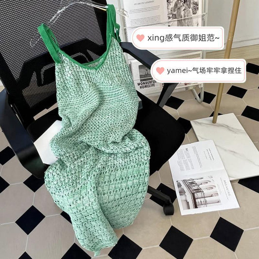 Green Knitted Suspender Dress 2023 Early Spring New Seaside Vacation Style Slim Slimming Long Sheath Women