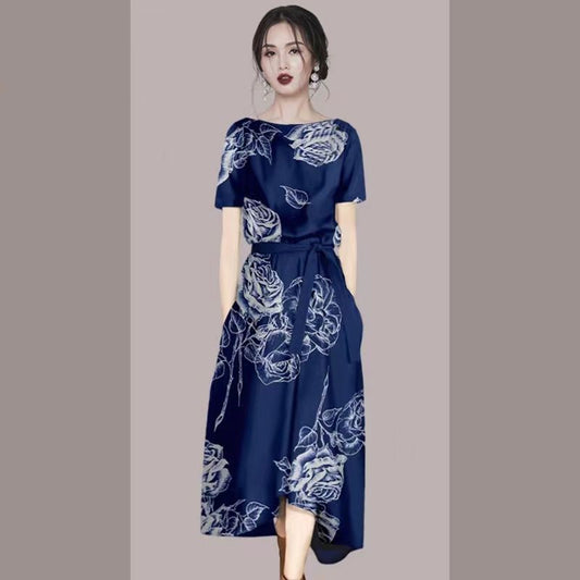 2022 Summer New High Sense Western Style Printed Slim-Fit Dress Lace-up Waist-Controlled Slimming Mid-Length Skirt for Women