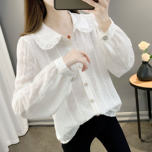 White Shirt Ladies Autumn Clothes 2023 New Outdoor Long Sleeve Thin Inner Match Loose Western Style Pure Color All-Matching Women's Clothing
