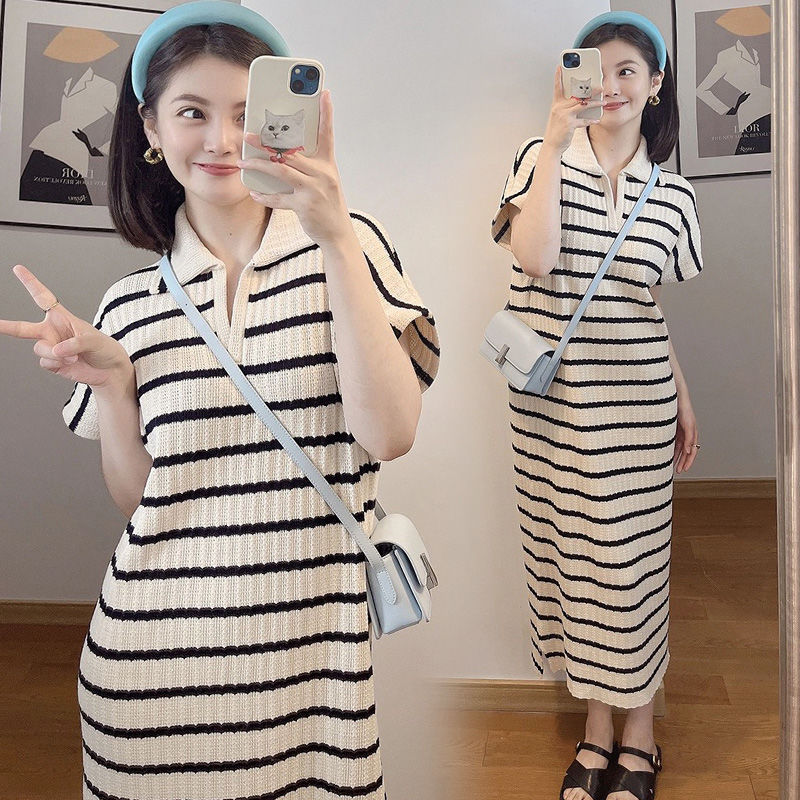 Maternity Dress Summer Mid-Length over-the-Knee Belly Loose Slimming Striped Ice Silk Knitted Skirt for Late Pregnancy