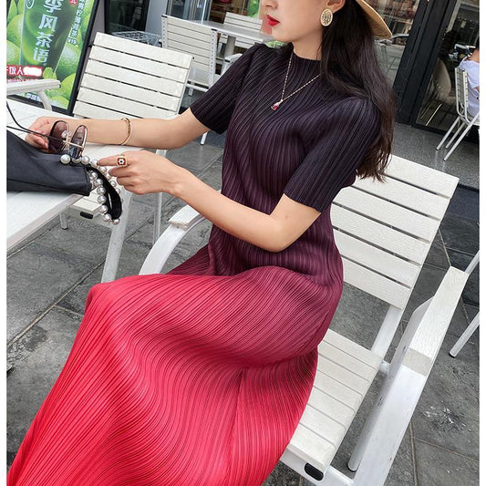 Sanzhai Pleated Gradient Printed Dress Elegant Slim-Fit Straight A- line Dress 2024 Summer New Women's