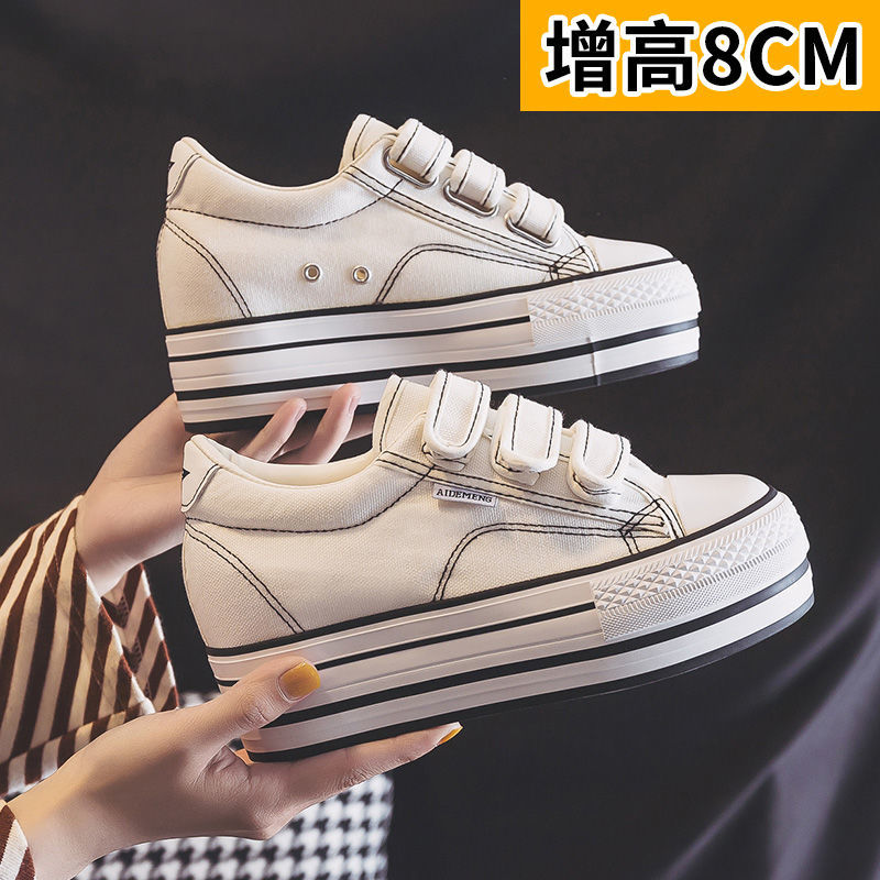 Height Increasing Insole 8cm Canvas Shoes Women's Shoes 2024 Spring New Thick Bottom Velcro Korean Style Lazy Student Board Shoes