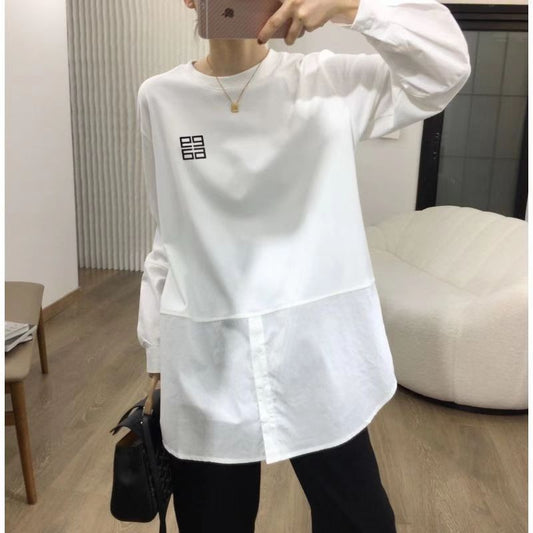 White T-shirt Women's Long Sleeve 2024 Spring and Autumn New Mid-Length Cotton Loose Inner Wear Shirt Stitching Bottoming Shirt Fashion