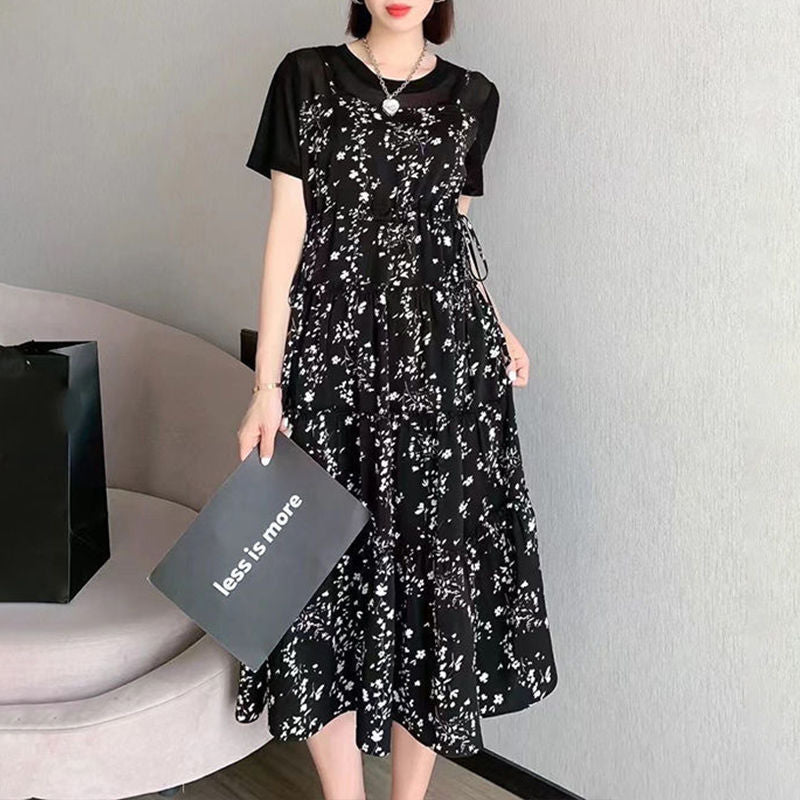 Summer 2023 Loose New round Neck Thin Slim Fit Waist Fake Two-Piece Dress Covering Belly Thin Floral Skirt