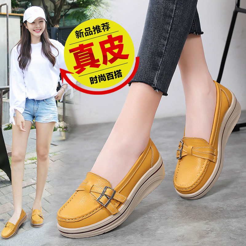 2024 Summer Genuine Leather Platform Shoes Female Mom Shoes Slip-on Rocking Shoes Casual Soft Bottom Pumps Large Size