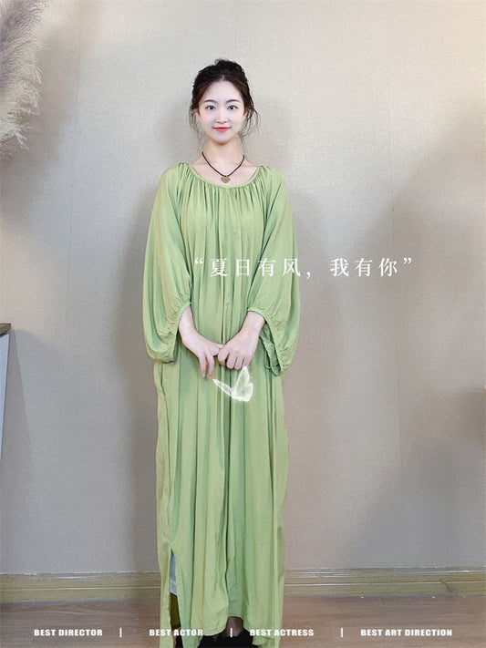 Popular Simple Commute Three-Quarter Sleeve New Chinese Noble Ins Solid Color Cotton Silk Double V-neck Dress