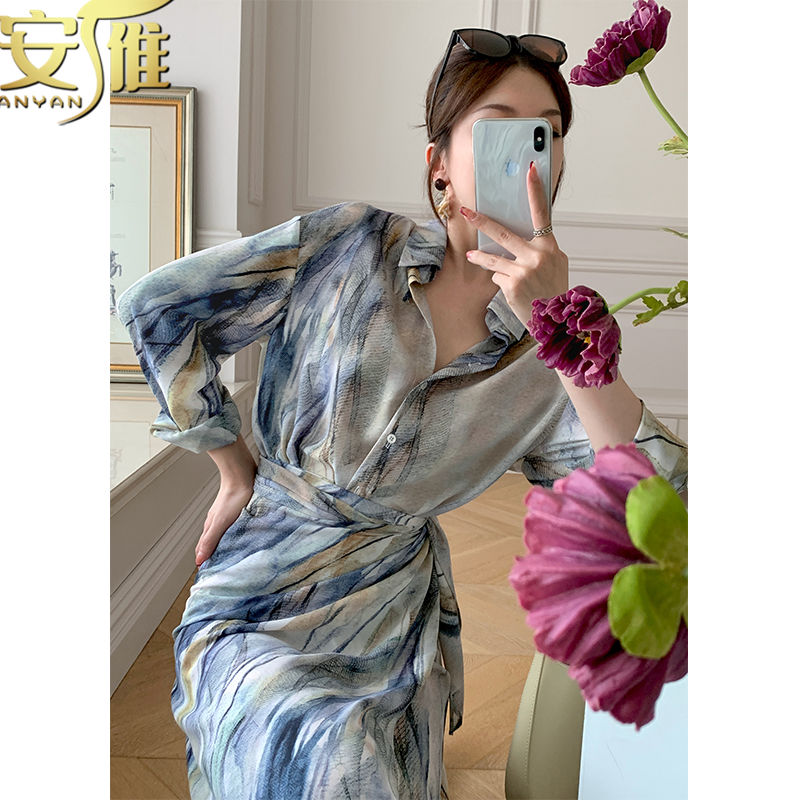 Anyan 2024 Unique Pattern Early Autumn Van Gogh Tone Commuter French Shirt Skirt Thin Suit Female Early Autumn